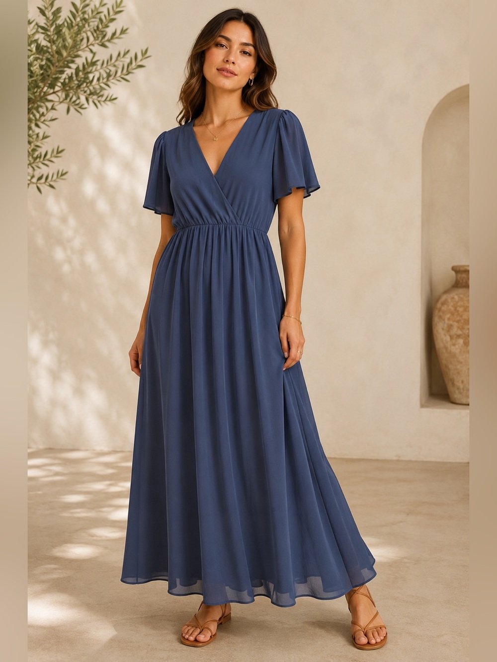 Baltic Born Dusty Blue Chiffon Maxi Dress Flutter Sleeve Empire Waist Medium